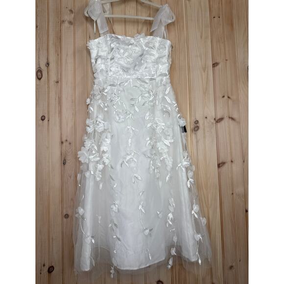 NWT Lulus Effortlessly Sweet White Tulle 3D Floral Tie-Strap Midi Dress Bride S - Picture 2 of 8
